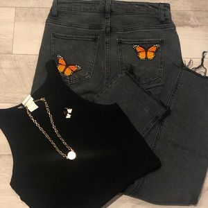 straight leg black butterfly patch jeans
